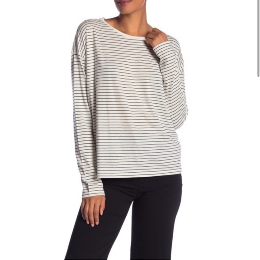 VINCE. Black and Ivory Striped Drop Shoulder Long Sleeve Shirt